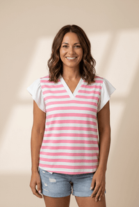 Women's Pink Striped V-Neck Blouse with Ruffled Flutter Sleeves