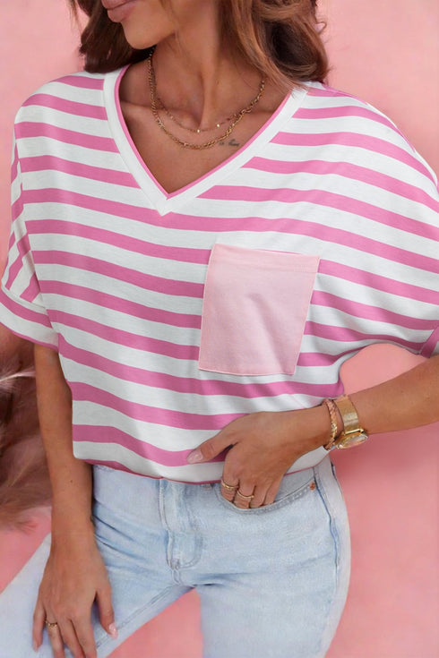Women's Pink Striped V-Neck T-Shirt with Contrast Pocket