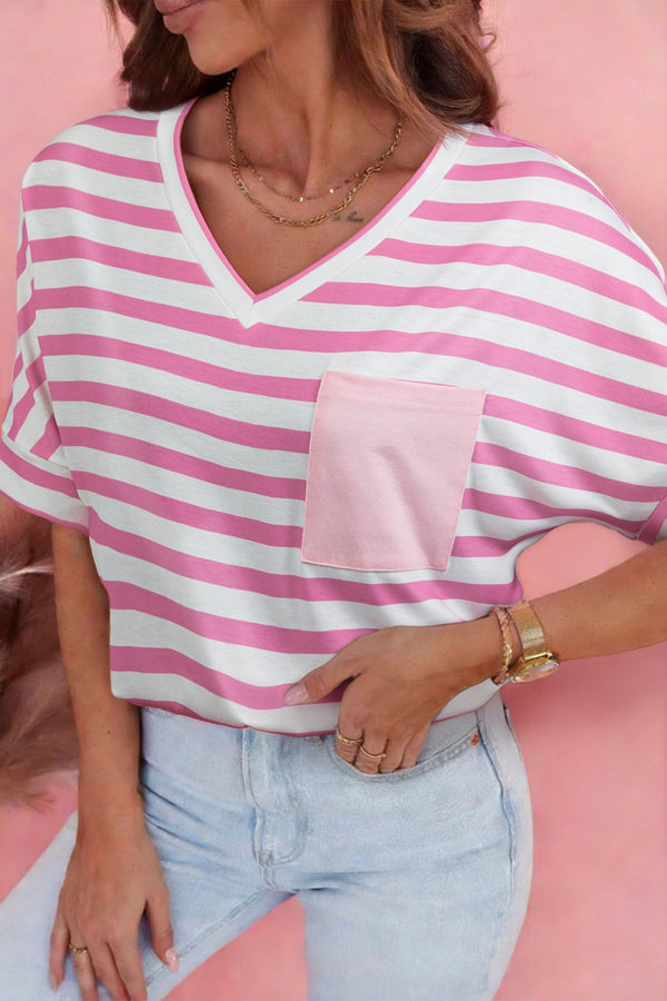 Women's Pink Striped V-Neck T-Shirt with Contrast Pocket