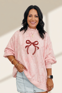 
Women's Pink Tie-Dye Mock Neck Baseball Bow Sweatshirt