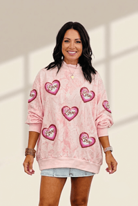 Women's Pink Tie Dye Sequin Heart Mock Neck Sweatshirt