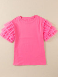 Pink Tulle Ruffle Sleeve Cotton Top