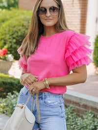 Pink Tulle Ruffle Sleeve Cotton Top