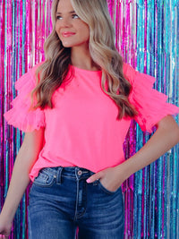Pink Tulle Ruffle Sleeve Cotton Top
