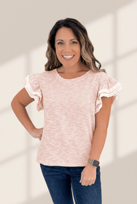 Women's Pink Twilled Flutter Sleeve Blouse with Eyelet Lace