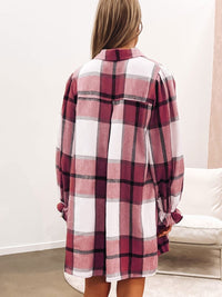 Plaid Print Ruffle Sleeve Shirt Dress with Collared Neck