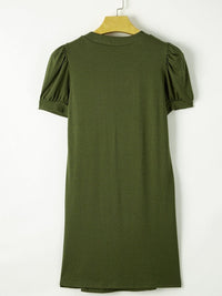 Pleated Fern Green Notched V-Neck Puff Sleeve Shift Dress