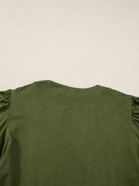 Pleated Fern Green Notched V-Neck Puff Sleeve Shift Dress