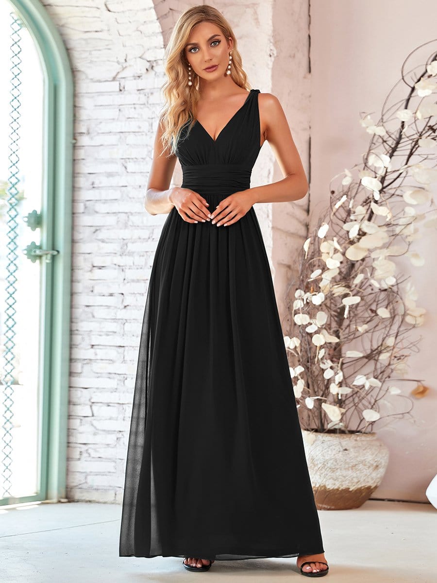 Women's V-Neck Pleated Chiffon Maxi Gown with Empire Waist