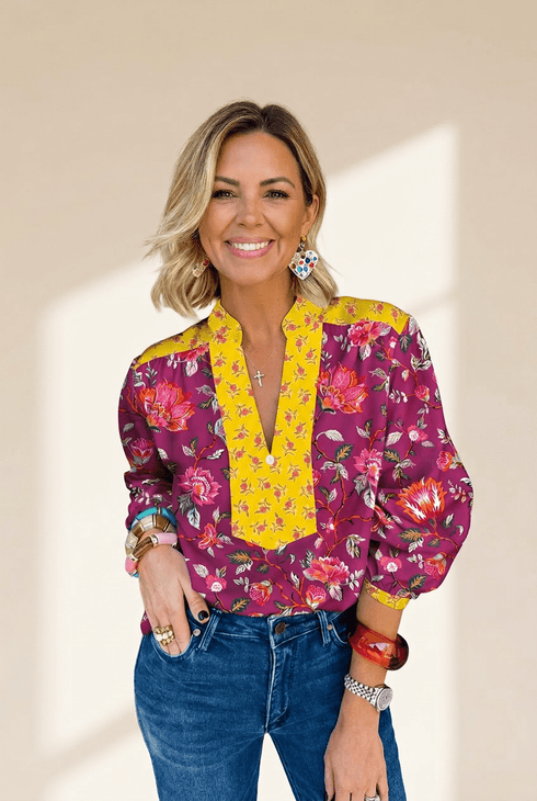 Women's Plum Floral Split V-Neck Blouse with Yellow Contrast