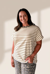 Women's Plus Khaki Stripe T-Shirt with Leopard Trim and Raw Edge with practical styling and dependable silhouette control.