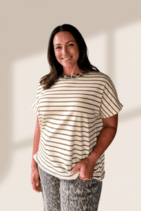
Women's Plus Khaki Stripe T-Shirt with Leopard Trim and Raw Edge with practical styling and dependable silhouette control.