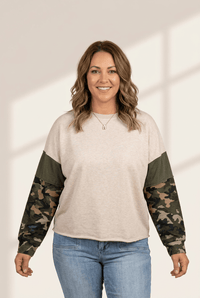 Women's Plus Size Apricot Camo Patchwork Sweatshirt with Raw Hem