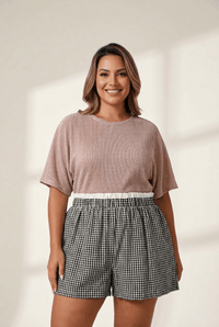 Women's Plus Size Black Gingham Cotton Shorts with Ruffled Trim