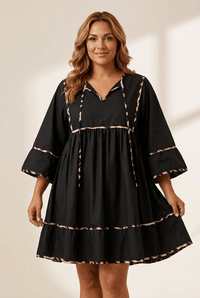 Women's Plus Size Black Leopard Trim Flared Mini Dress
