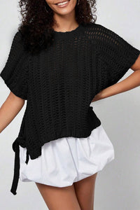 Women's Plus Size Black Open Knit Short Sleeve Sweater with Side Ties