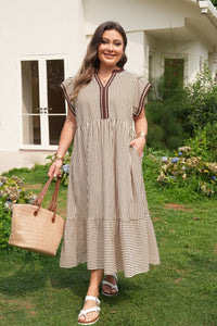 Plus Size Brown Striped Maxi Dress with Slit, V-Neck, and Flutter Sleeves for Chic Summer Comfort