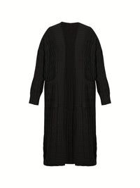 Plus Size Casual Cardigan, Women's Plus Cable Knitted Long Sleeve Open Front Medium Stretch Sweater Cardigan With Pockets