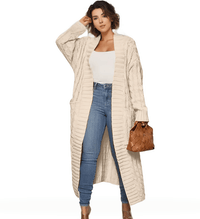Plus Size Casual Cardigan, Women's Plus Cable Knitted Long Sleeve Open Front Medium Stretch Sweater Cardigan With Pockets