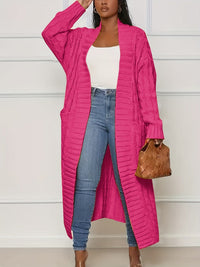 Plus Size Casual Cardigan, Women's Plus Cable Knitted Long Sleeve Open Front Medium Stretch Sweater Cardigan With Pockets