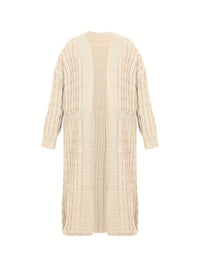 Plus Size Casual Cardigan, Women's Plus Cable Knitted Long Sleeve Open Front Medium Stretch Sweater Cardigan With Pockets