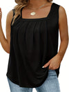 Plus Size Casual Tank Top, Women's Plus Solid Square Neck Slight Stretch Pleated Tank Top