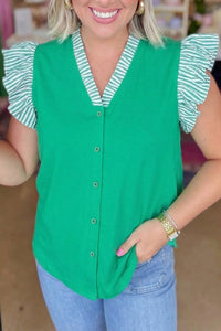 women's plus size dark green flutter sleeve blouse with ruffled trim and button front - chic, comfortable women's top with practical styling and
