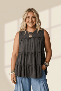 Women's Plus Size Dark Grey Tiered Ribbed Tank with Ruffle Detail