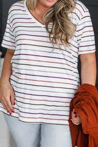 White Stripe V Neck Casual Plus Size Tee