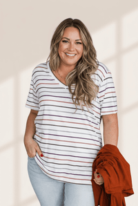 Women's Plus Size Earth Tone Striped V-Neck Tee in Stretch Blend