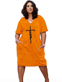 Plus Size 'Faith' Letter Print Short Sleeve Midi Dress With Pockets, Women's Plus Slight Stretch Casual Dress
