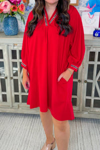
Plus Size Fiery Red V-Neck Puff Sleeve Dress with Pockets and Contrast Trim for Effortless Chic Style