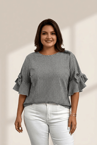 Women's Plus Size Gingham Bell Sleeve Blouse with Bow Detail