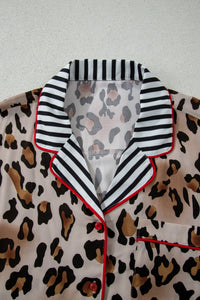 Khaki Plus Leopard Print Contrast Piping Striped Patchwork 2pcs Long Pajama Set