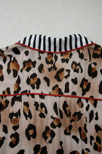 Khaki Plus Leopard Print Contrast Piping Striped Patchwork 2pcs Long Pajama Set