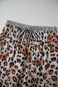 Khaki Plus Leopard Print Contrast Piping Striped Patchwork 2pcs Long Pajama Set