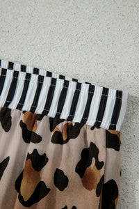 Khaki Plus Leopard Print Contrast Piping Striped Patchwork 2pcs Long Pajama Set