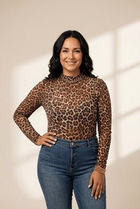 Women's Plus Size Leopard Mesh Mock Neck Top in Brown