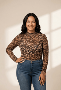 Women's Plus Size Leopard Mesh Mock Neck Top in Brown