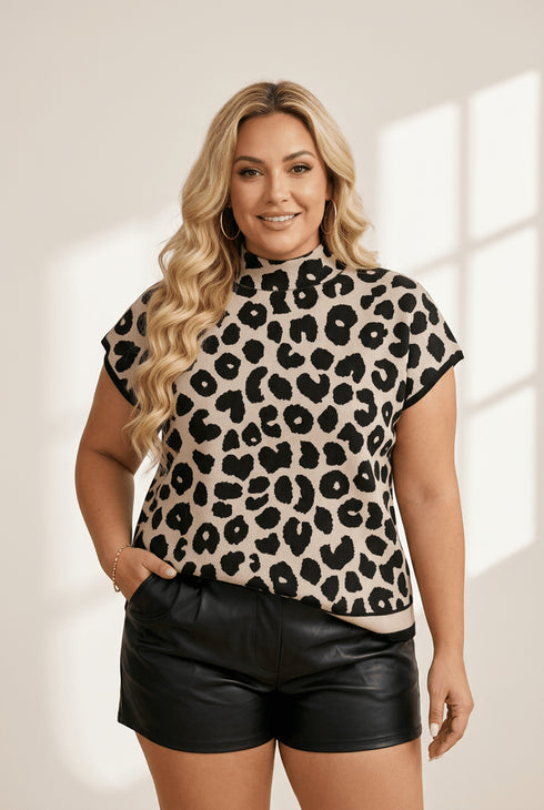 Women's Plus Size Leopard Print High Neck Short Sleeve Knit Sweater