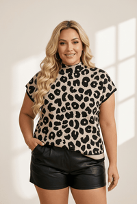 Women's Plus Size Leopard Print High Neck Short Sleeve Knit Sweater