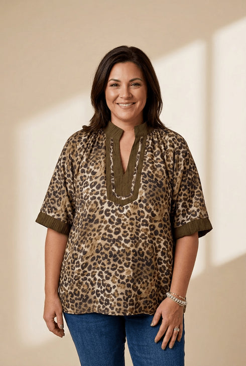Women's Plus Size Leopard Print V-Neck Blouse with Crinkle Trim