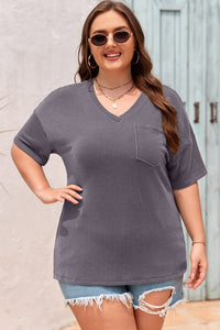 Women's Plus Size Light Grey Textured V-Neck Tee with Dropped Shoulders for Effortless Everyday Comfort and Style