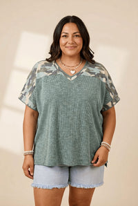 Women's Plus Size Mist Green Ribbed V-Neck Camo Patchwork Tee