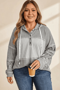 Women's Plus Size Mixed-Media Henley Hoodie in Heather Gray