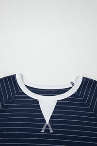 Blue Stripe Contrast Trim Plus Size Ribbed T Shirt