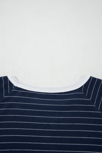 Blue Stripe Contrast Trim Plus Size Ribbed T Shirt