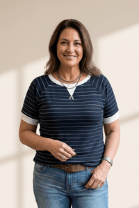 Women's Plus Size Navy Striped Ribbed Tee with Contrast Trim