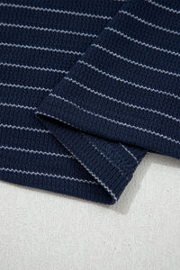 Blue Stripe Contrast Trim Plus Size Ribbed T Shirt