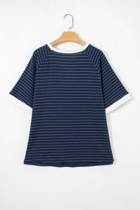 Blue Stripe Contrast Trim Plus Size Ribbed T Shirt